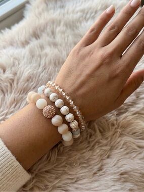 Natural Stone Beaded Bracelet Set Neutral Rose Gold Pavé Stackable Stretch 3pc